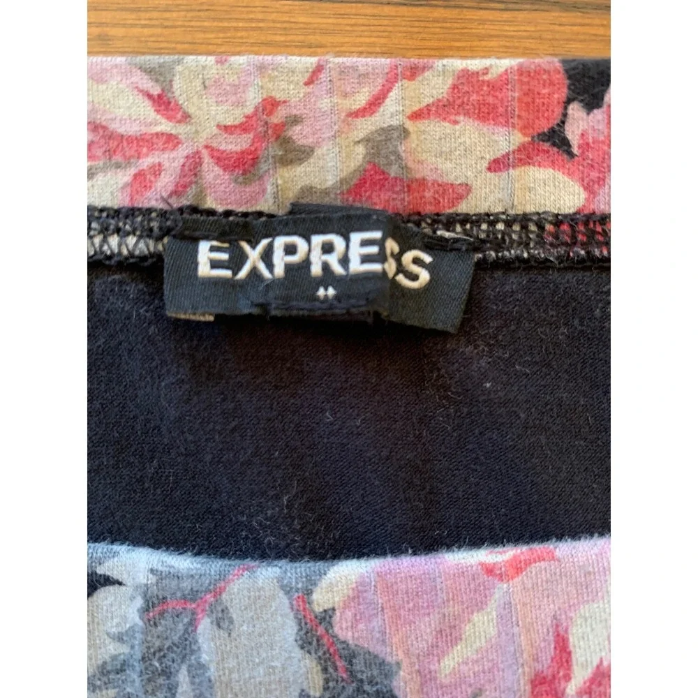Express Womens Floral Midi Skirt Black Pink Rose Cotton Blend Bodycon Size XS